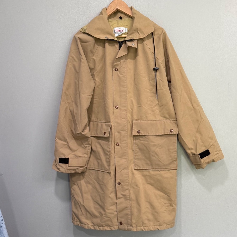 Vintage Orvis Gore-Tex Long Parka Jacket Tan Khaki Made in USA Small Hooded